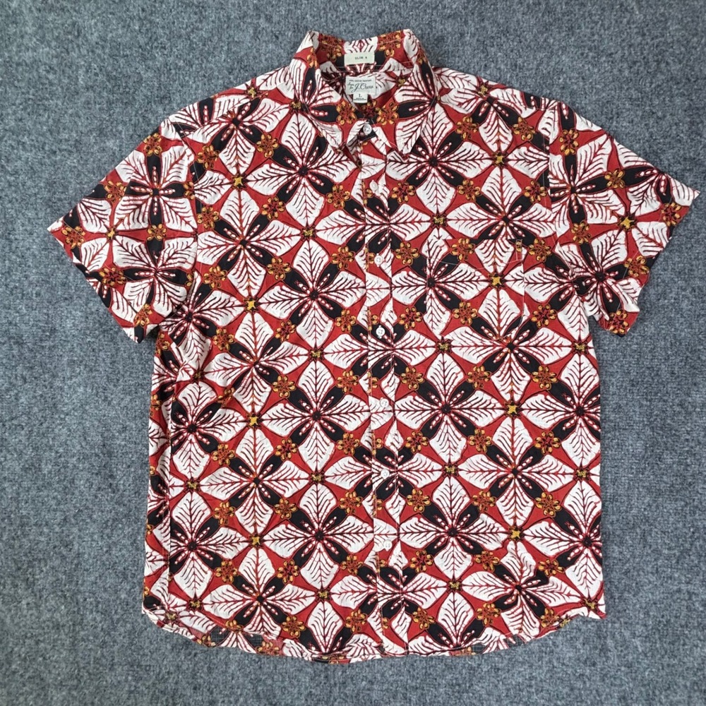 J.Crew Mens Batik Floral L Slim Fit Short Sleeve Button Down Shirt Red Cotton